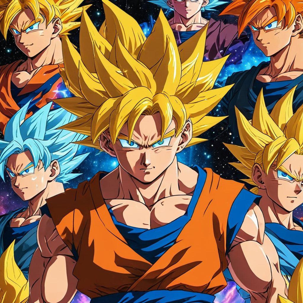 An epic collage showcasing the various transformations of Goku, featuring vibrant energy auras and dynamic poses. Highlight his iconic Super Saiyan forms, alongside the serene imagery of his base form, blending elements of anime art style with swirling cosmic backgrounds. Capture the essence of determination and strength through vivid colors and dramatic lighting. Vector art. vibrant colors. anime style.