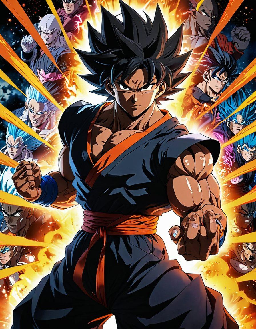 A striking portrait of Black Goku, showcasing his muscular build and unique black aura, surrounded by vibrant manga-style action lines and iconic energy blasts. In the background, an intriguing fusion of fans at a comic convention and manga panels coming to life, filled with colorful characters and scenes that evoke excitement and nostalgia. The atmosphere captures the essence of fandom with dynamic movement and energy. vibrant colors. cinematic style. 3D.