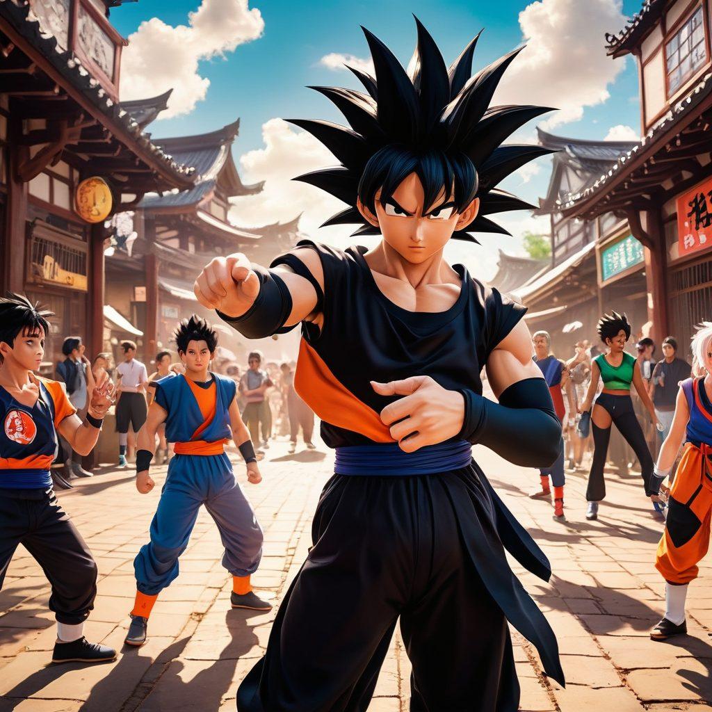 A vibrant collage of diverse fans showcasing their unique Black Goku cosplay in a colorful community setting, featuring animated energy blasts and iconic Dragon Ball imagery in the background. Emphasize the joy and creativity in their expressions, with a fusion of real-life elements and anime aesthetics. The scene should radiate energy and passion for the fandom. super-realistic. vibrant colors. 3D.